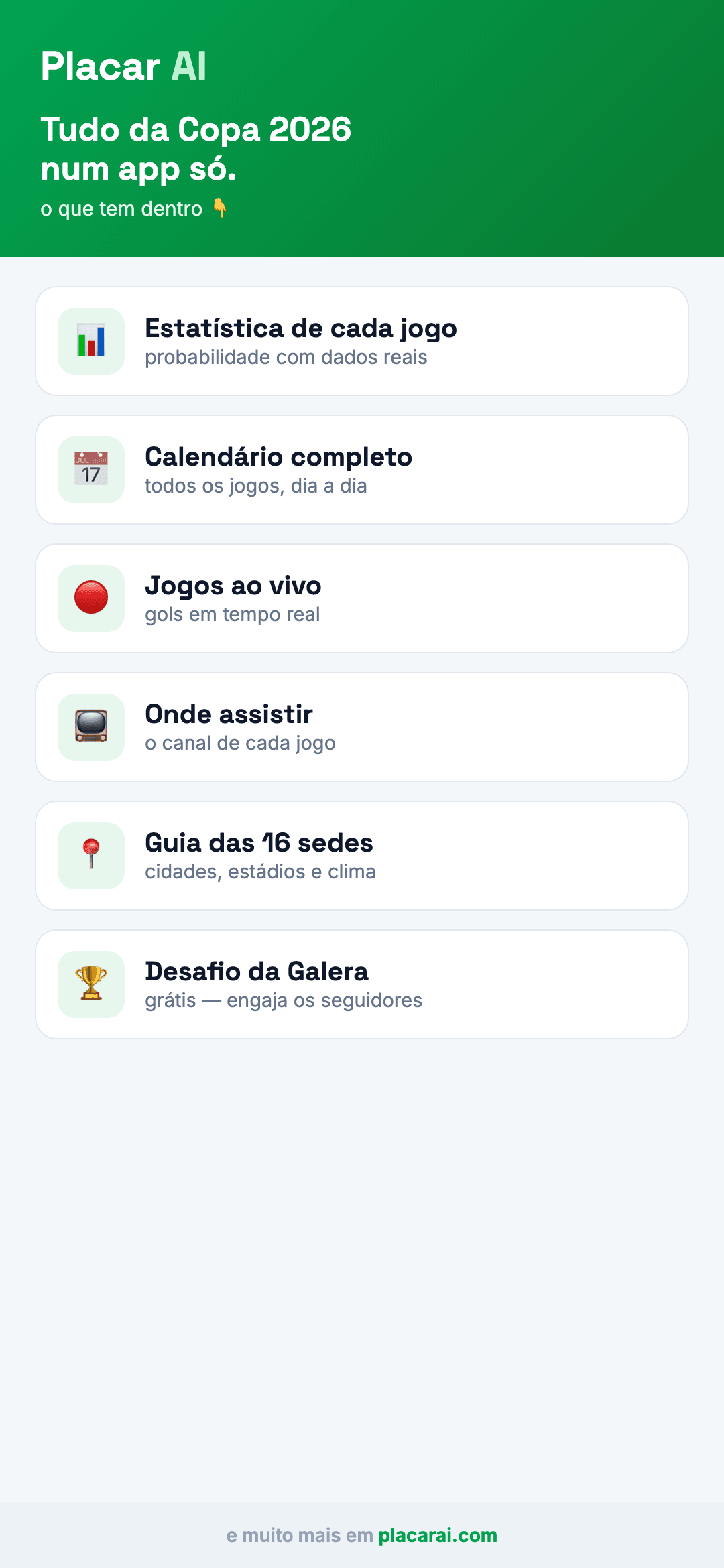 Tudo da Copa 2026 num app só: estatística, calendário, ao vivo, onde assistir, sedes e Desafio da Galera